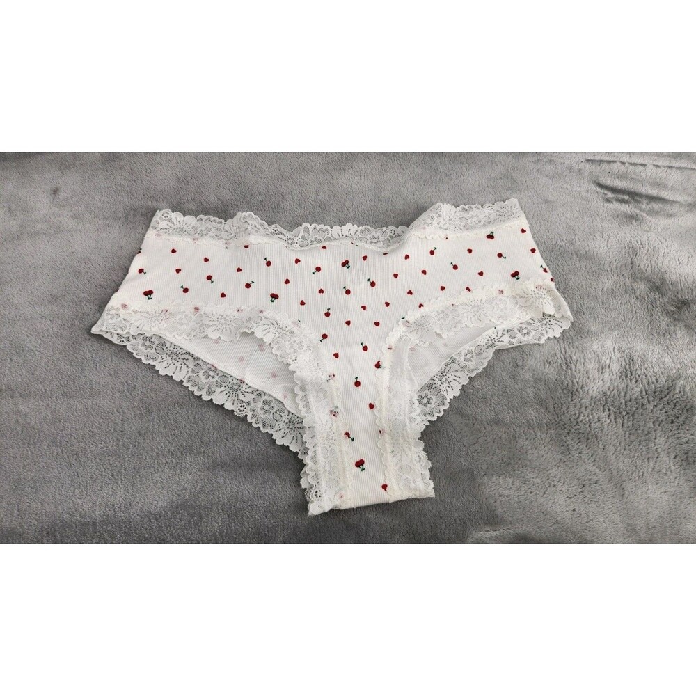 Victoria's Secret L Cherry White Wink Lace Trim Cheeky Panty NWOT